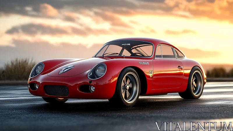 Red retro sports coupe rendered in high-gloss sunset light.