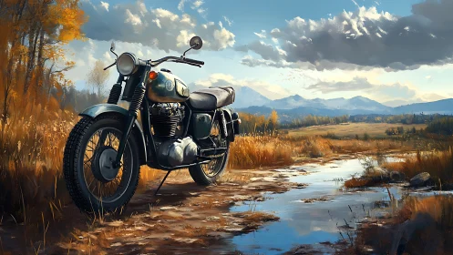 Vintage motorcycle beside autumn marsh under wide sky.