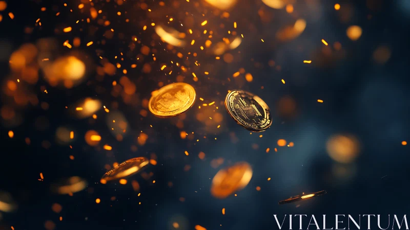 Glowing crypto coins suspended in shallow depth of field bokeh