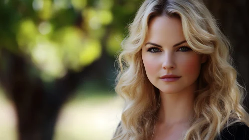 Woman with long blonde wavy hair faces camera outdoors calmly