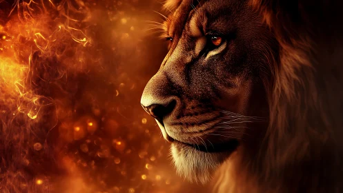 Lion profile in molten ember glow, intense digital portrait.