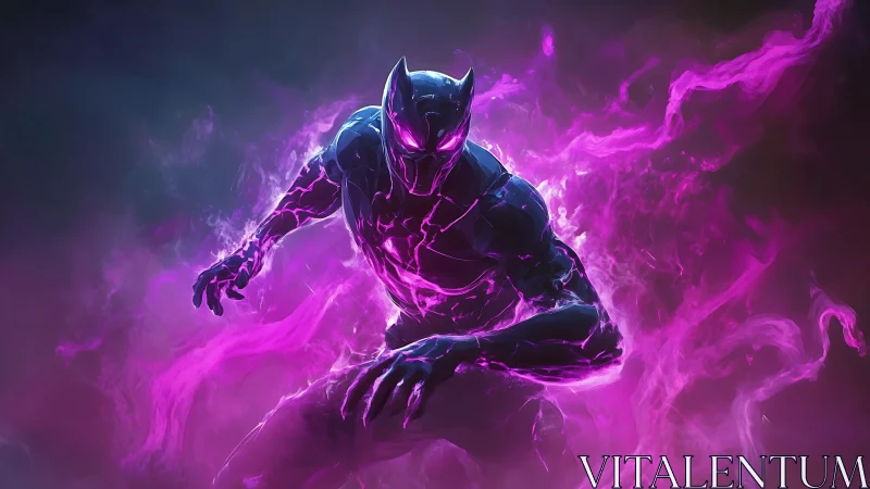 Vibrant cosmic panther hero glowing with electric purple energy.