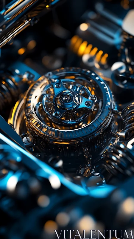 3D macro of luminous mechanical core with chrome turbines.