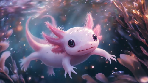 Gentle pink axolotl glides through a dreamy underwater world