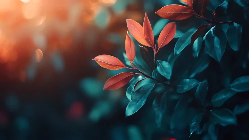 Shallow-depth macro foliage contrasts orange highlights with teal shadows