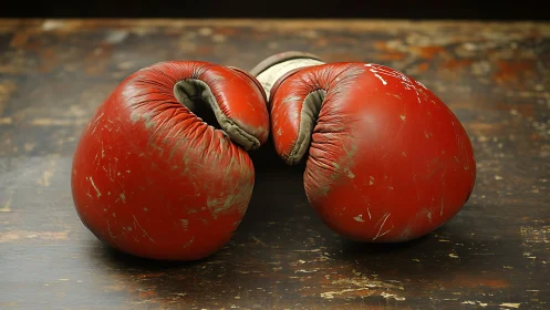 Red leather boxing gloves resting on weathered surface.