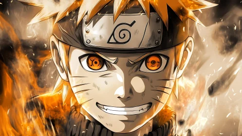 Anime ninja character stares forward amid swirling flames