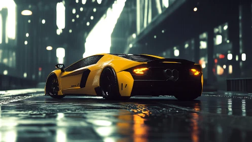 Electric yellow supercar glows warmly in a rainy night city