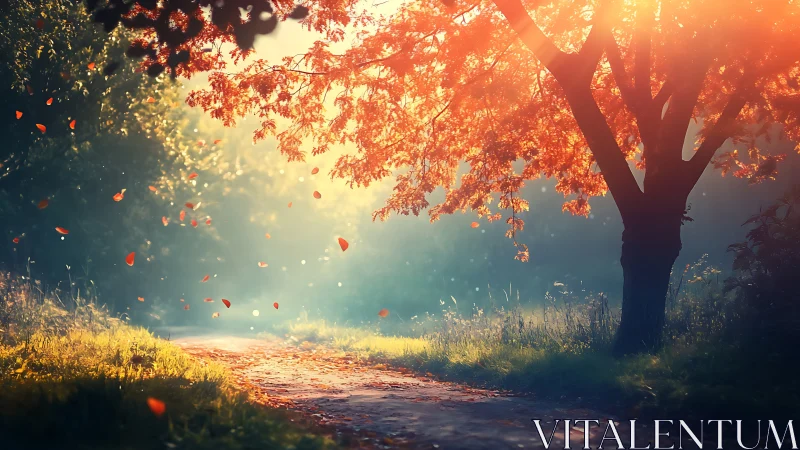 Backlit autumn tree illuminates misty forest path with drifting leaves