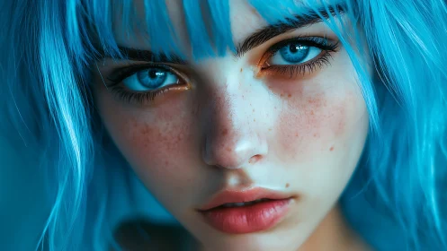 Electric blue gaze and soft freckles in dreamy close-up.