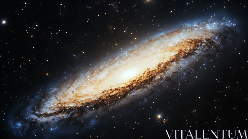 Spiral galaxy drifts in starlit space with a soft golden glow