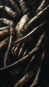 Strange many-legged creature curls in a dark, glossy lair