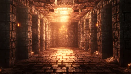 Volumetric sunlight in modular stone dungeon corridor.