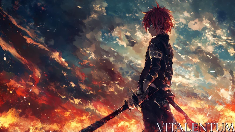 Red haired swordsman standing in front of blazing sky.