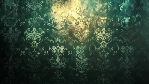 Textured damask wallpaper with teal patina and warm glow.