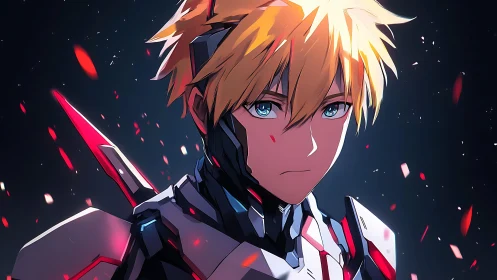 Cybernetic anime warrior with glowing armor shards.
