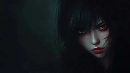 Digital portrait shows pale figure with red eyes in darkness