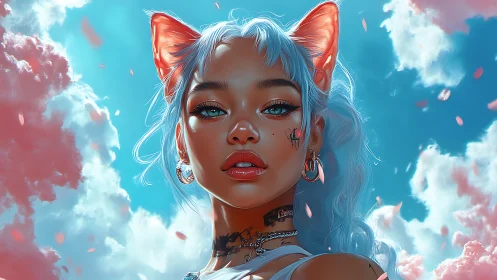 Cat-eared girl portrait under vivid blue sky clouds.