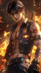 Shirtless anime swordsman stands in front of intense flames