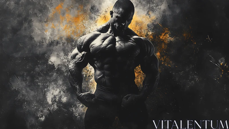 Muscular silhouette with dynamic orange smoke backdrop.