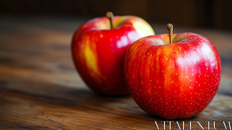 Red apples rest on rustic wood in soft natural light.