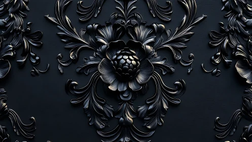 Dark baroque floral relief forms ornate symmetrical surface