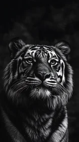 Monochrome tiger portrait with intense forward gaze.