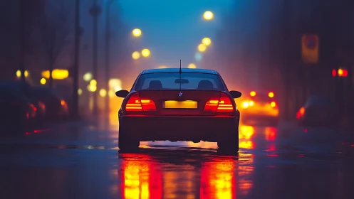 Night drive glows as a red car cruises through misty city streets