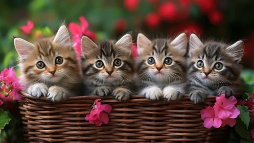 Five Tabby Kittens in Wicker Basket with Pink Flowers.