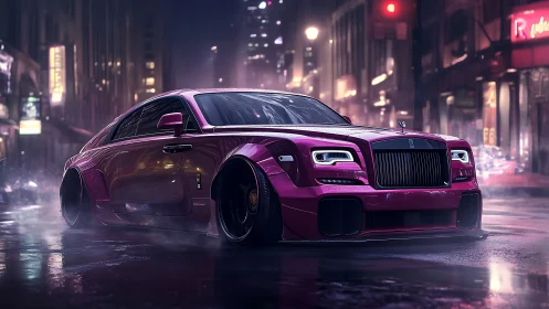 Modified magenta luxury sedan in rainy neon city street.