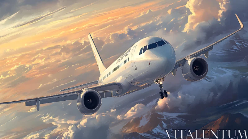 Airliner in banking approach over cloud-topped mountains at sunset