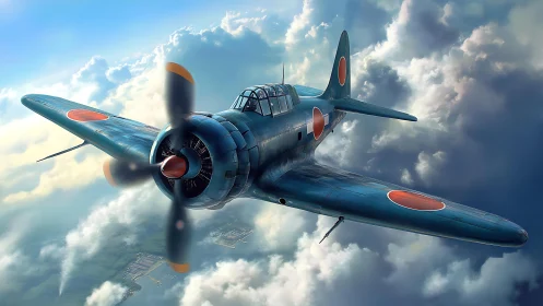 Single-engine military aircraft in cloudy aerial environment.