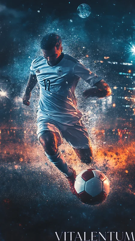 Dynamic soccer forward strikes ball amid explosive lights