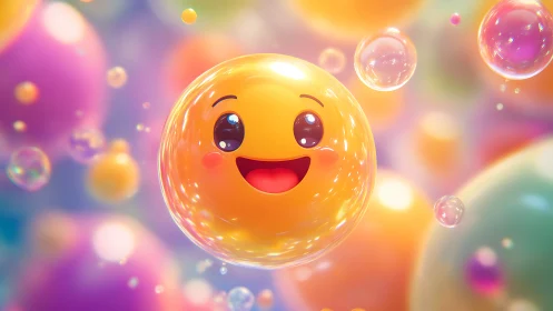 Joyful glossy emoji orb amid glowing pastel bubbles.
