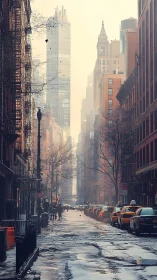 Winter urban canyon with misty taxis and glass high-rises.