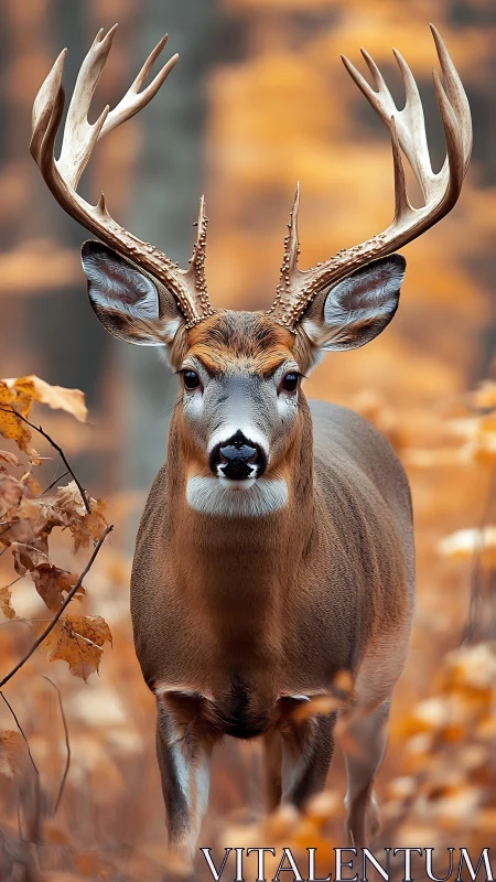 Majestic buck stands alert amid soft golden autumn forest glow