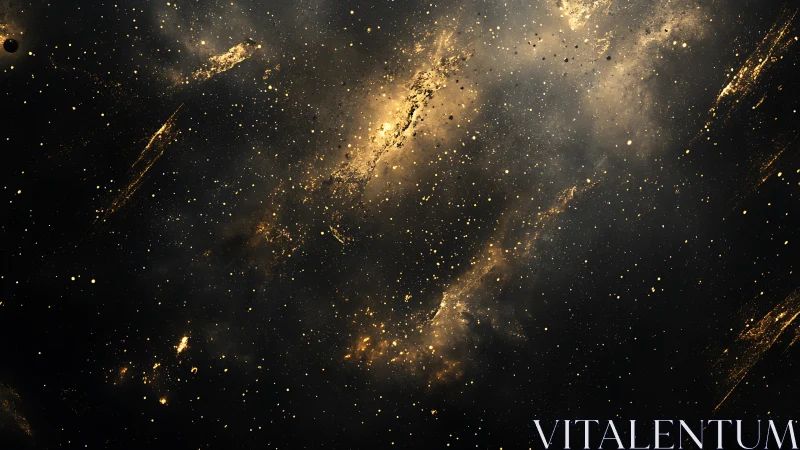 Gold dust particles scatter across a dark cosmic background