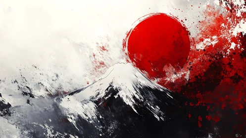 Abstract mountain and red sun rendered with bold paint strokes