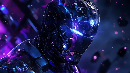 Chromed exosuit helmet with neon blue optics in cosmic debris
