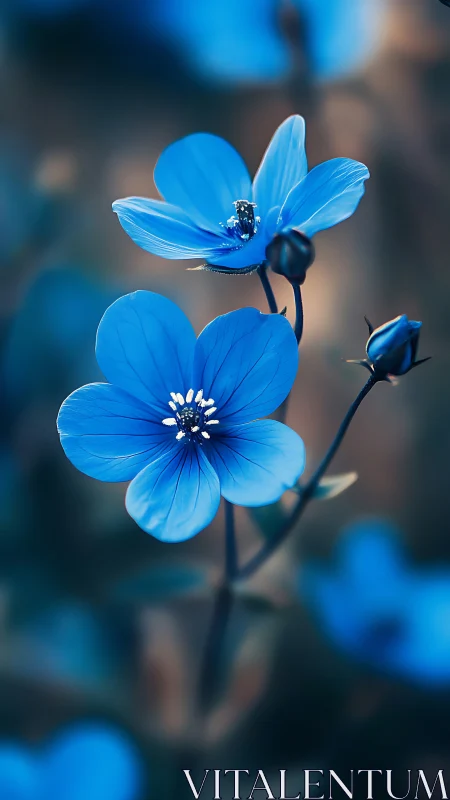Delicate blue flowers with dewdrops glistening on petals.