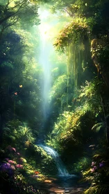 Luminous Forest Canyon Stream Ravine. Digital painting.