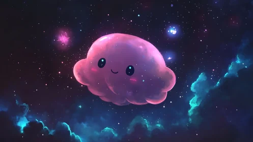 Smiling pink cloud drifts through luminous starry nebula