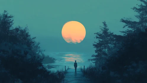 Solitary figure on lakeside pier under oversized pastel sun.