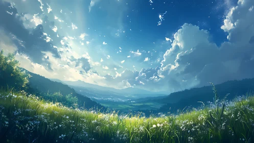 Sunlit alpine meadow overlooking distant valley under cumulus sky