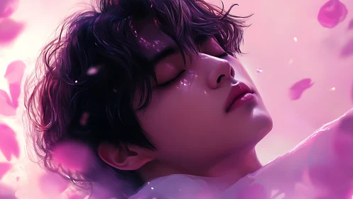 Serene male portrait in pink petal glow digital painting.
