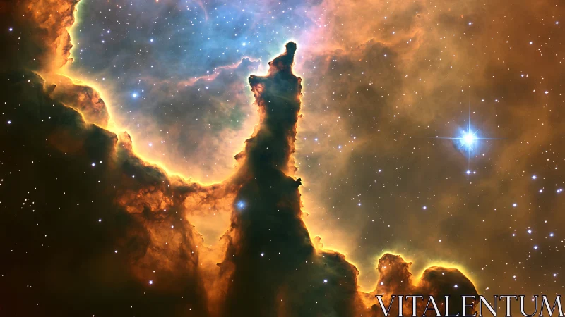 Ionized nebular pillar with backlit dust contours and starfields.