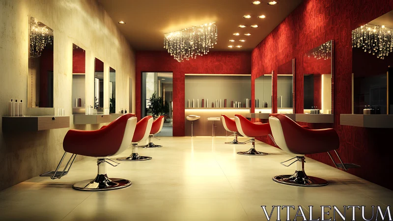 Glamorous red salon chairs glowing under crystal chandeliers.