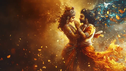 Digital painting of divine lovers in swirling golden aura.