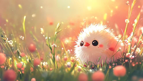 Fluffy white chick sits in sunlit grass with soft bokeh
