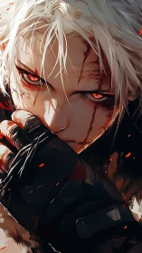 Fierce white haired warrior with ember bright eyes glowering.